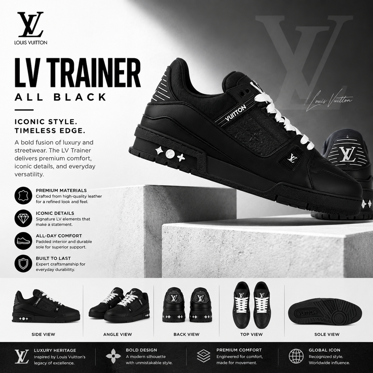 LV Trainer Sneaker triple black