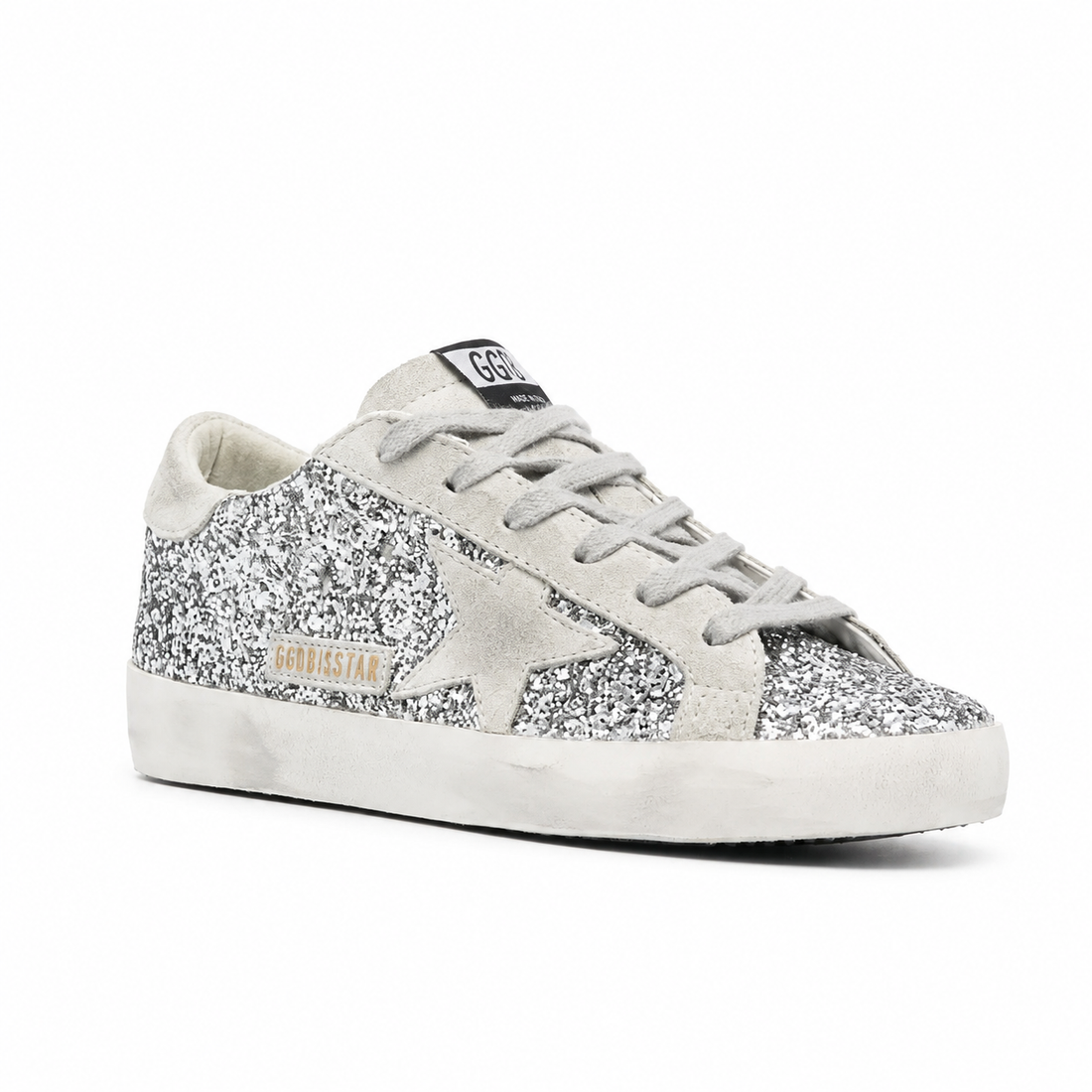 Golden goose Super-Star in silver glitter with ice-gray suede star