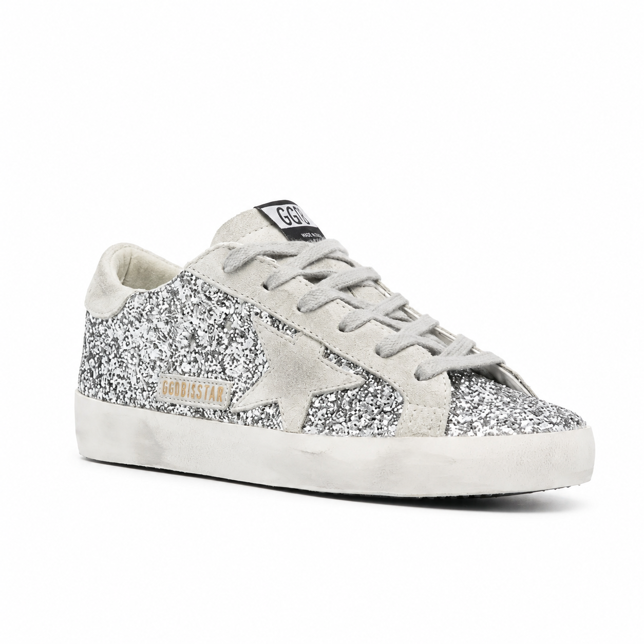 Golden goose Super-Star in silver glitter with ice-gray suede star
