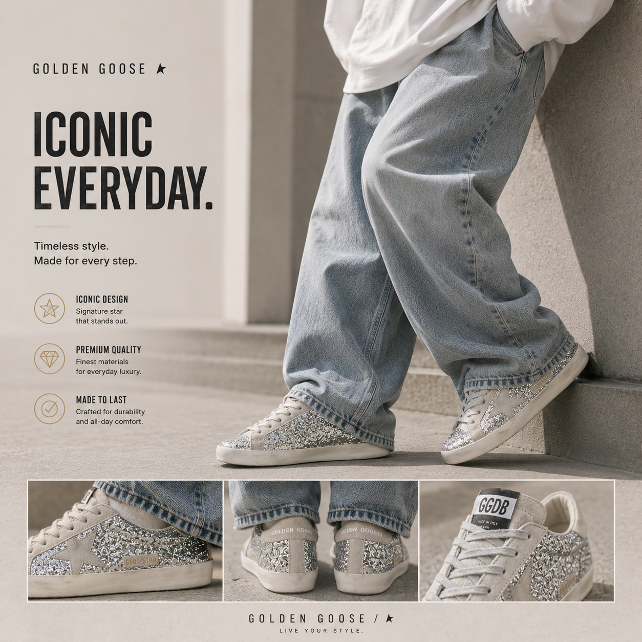 Golden goose Super-Star in silver glitter with ice-gray suede star